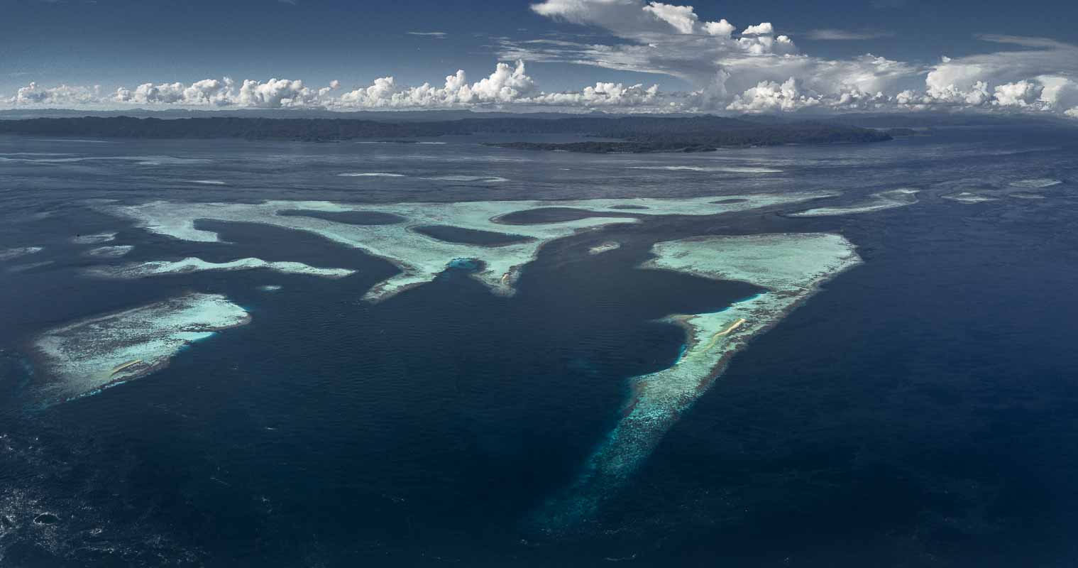 Aerial view of the reefs between Gam and Mansuar in Raja Ampat